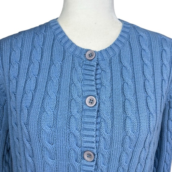 L.L. Bean Cable Knit Sweater Large Cotton Cornflower Blue  Crew Neck Cardigan - Picture 5 of 8